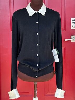 NWT RALPH LAUREN sXL elegant cardigan-blk silk/cashmere w/💯 silk collar/cuffs